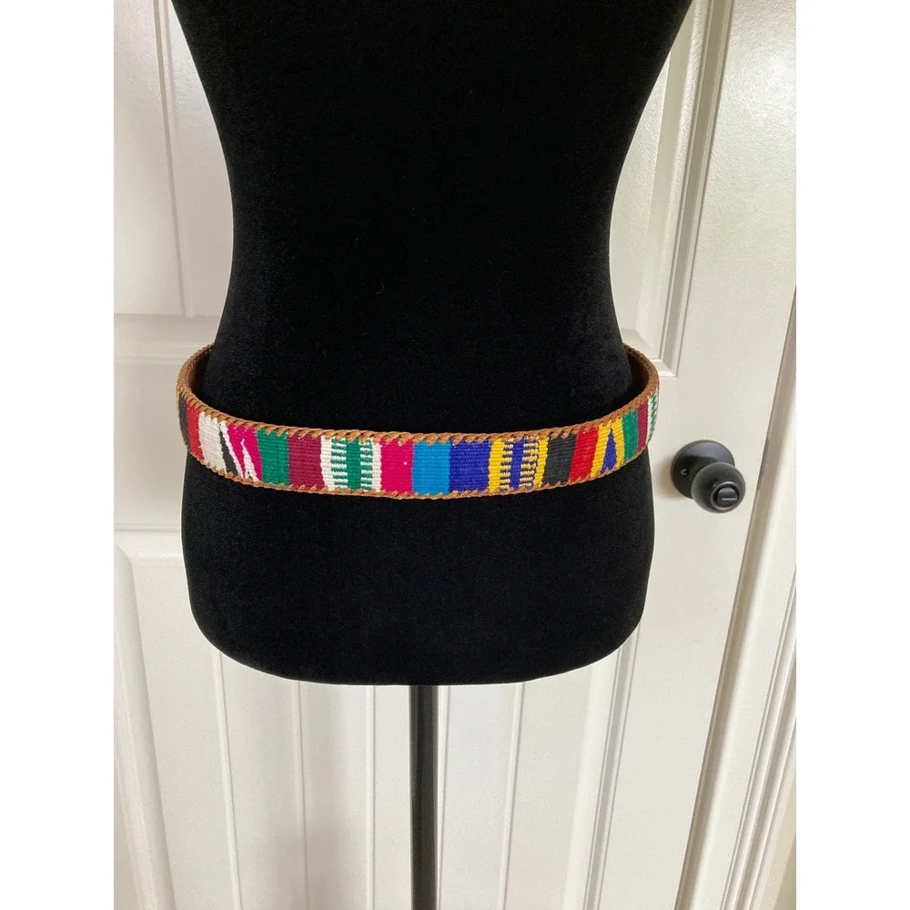 Vintage Guatemalan Woven‎ Leather Belt Tan Multi Color Boho Southwestern Size 34